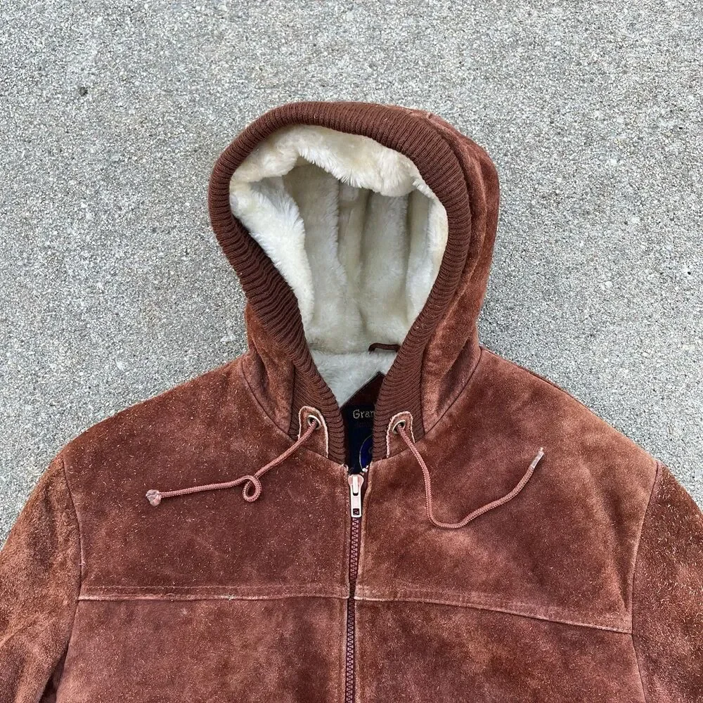 Vintage Grande-Bay Brown Suede Leather Fur Lined Zip Up Jacket Size 40 Medium